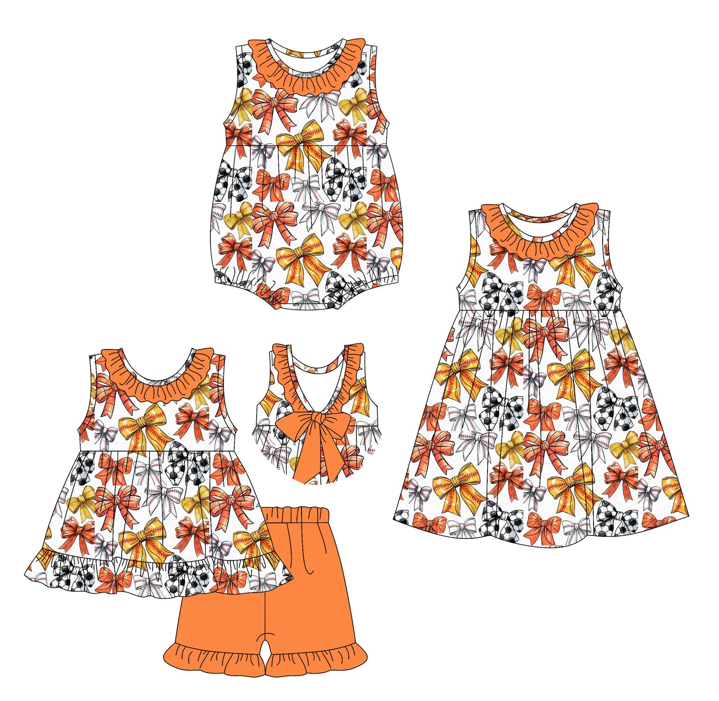 3.5(Custom Design Preorder MOQ 5 Each Design) Sports Ball Bows Orange Print Girls Summer Matching Clothes Sisters Wear