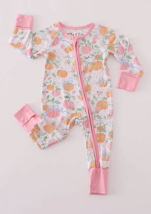 (Custom Design Preorder MOQ 5) Pumpkin Bows Print Baby Girls Fall Sleeper Zipper Romper