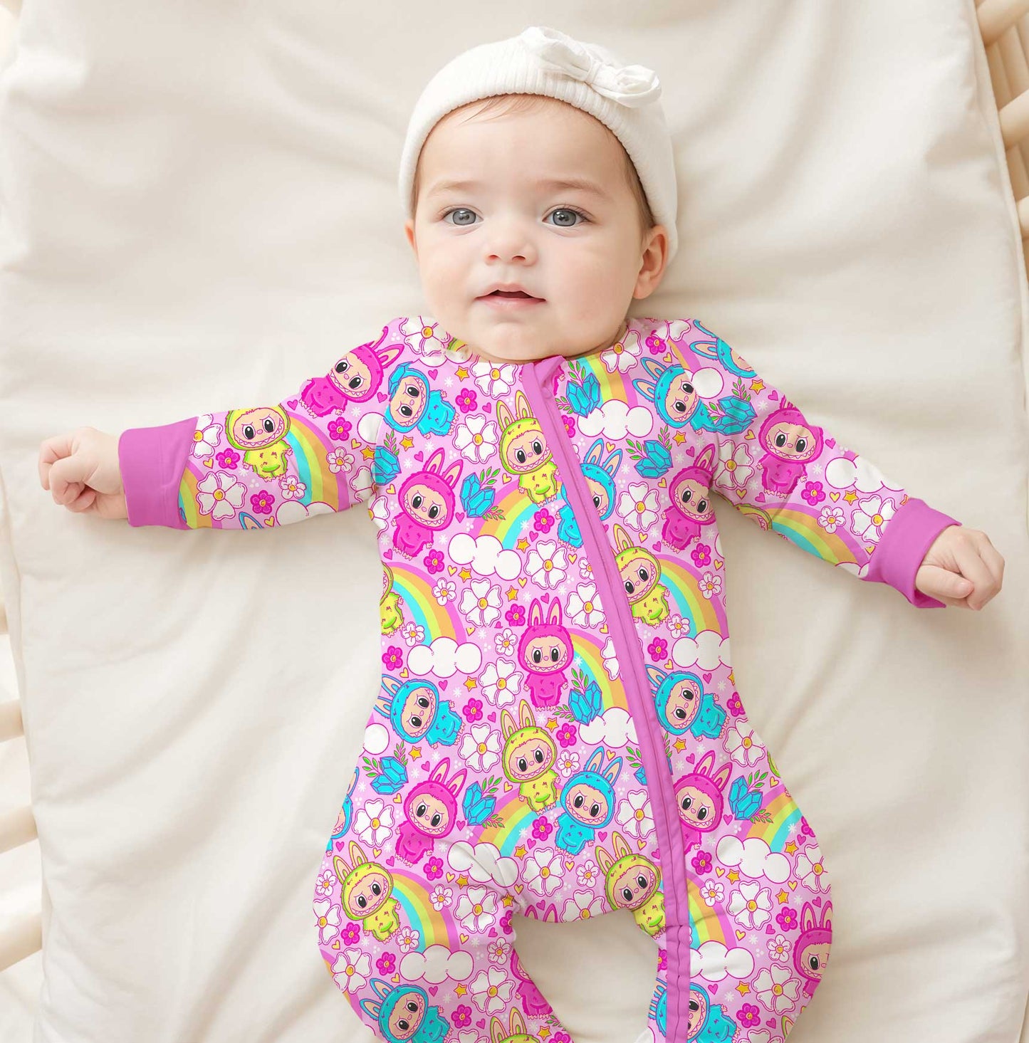 (Custom Design Preorder MOQ 5) Cartoon Labub* Rainbow Print Baby Girls Fall Sleeper Zipper Romper