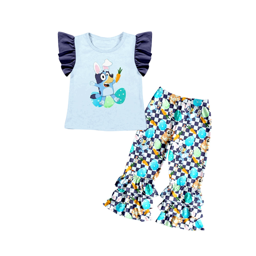 (Custom Design Preorder MOQ 5) Cartoon Dog Eggs Print Girls Easter Clothes Set