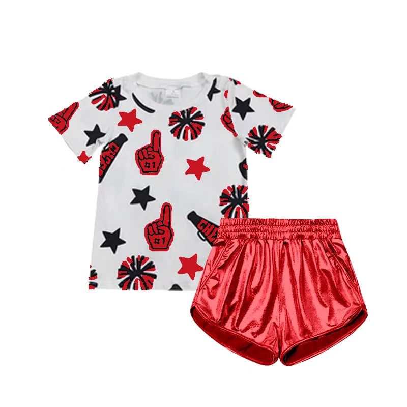 (Custom Design Preorder MOQ 5) Cheer Top Red Pocket Pleather Elastic Shorts Girls Summer Clothes Set