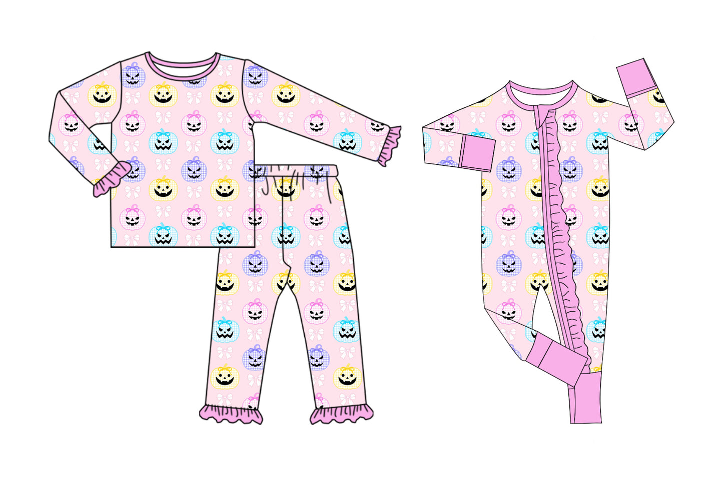 5.21(Custom Design Preorder MOQ 5 Each Design) Colorful Pumpkin Bows Print Girls Halloween Pajamas Matching Clothes Sisters Wear