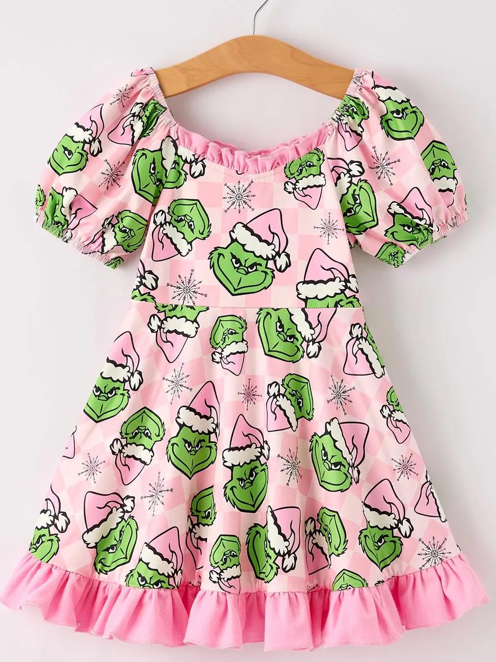 (Custom Design Preorder MOQ 5 ) Green Forg Pink Print Girls Christmas Knee Length Dress
