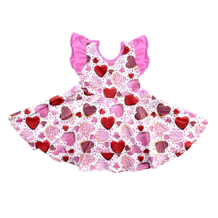 (Custom Design Preorder MOQ 5)Heart Cake Print Girls Valentine's Knee Length Dress