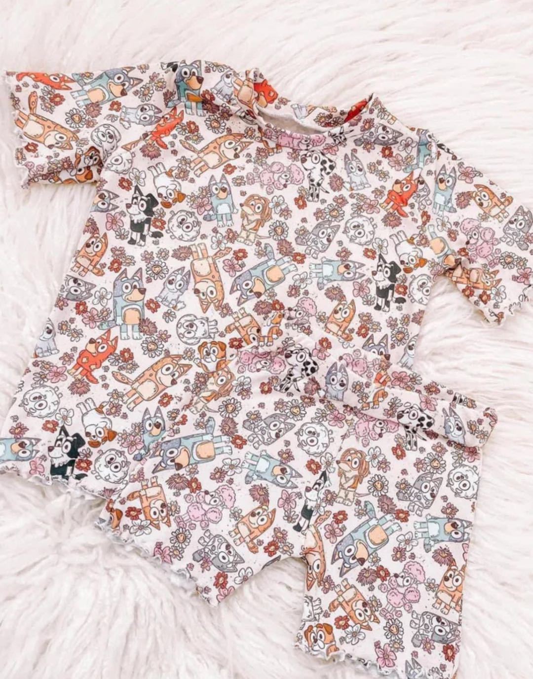 (Custom Design Preorder MOQ 5) Cartoon Dog Flowers Print Girls Summer Clothes Set