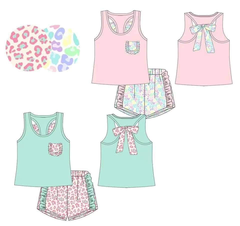 (Custom Design Preorder MOQ 5) Solid Vest Pocket Top Leopard Shorts Girls Summer Clothes Set Sister Wear