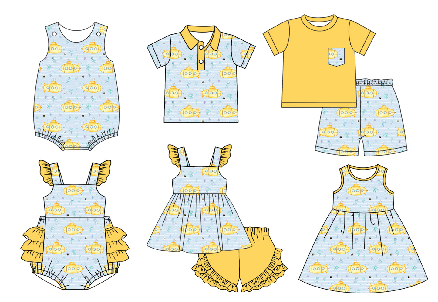 11.21(Custom Design Preorder MOQ 5 Each Design) Submarine Print Kids Summer Matching Clothes Sibling Wear