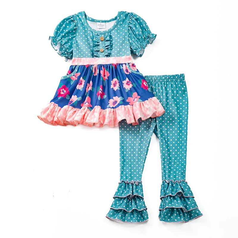 (Custom Design Preorder MOQ 5) Blue Flowers Tunic Top Ruffles Pants Girls Clothes Set