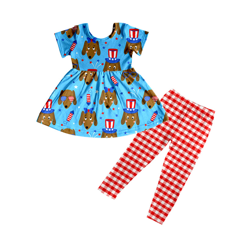 (Custom Design Preorder MOQ 5) Dog Fireworks Print Tunic Top Red Plaid Legging Pants Girls 4th of July Clothes Set