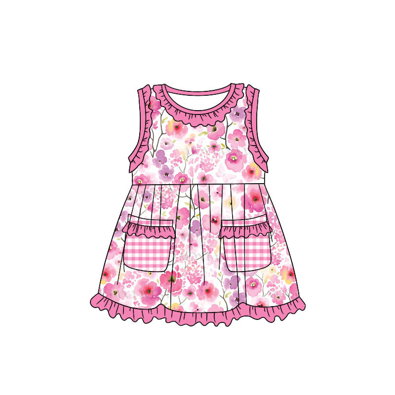 (Custom Design Preorder MOQ 5) Pink Flowers Print Pockets Girls Knee Length Summer Dress