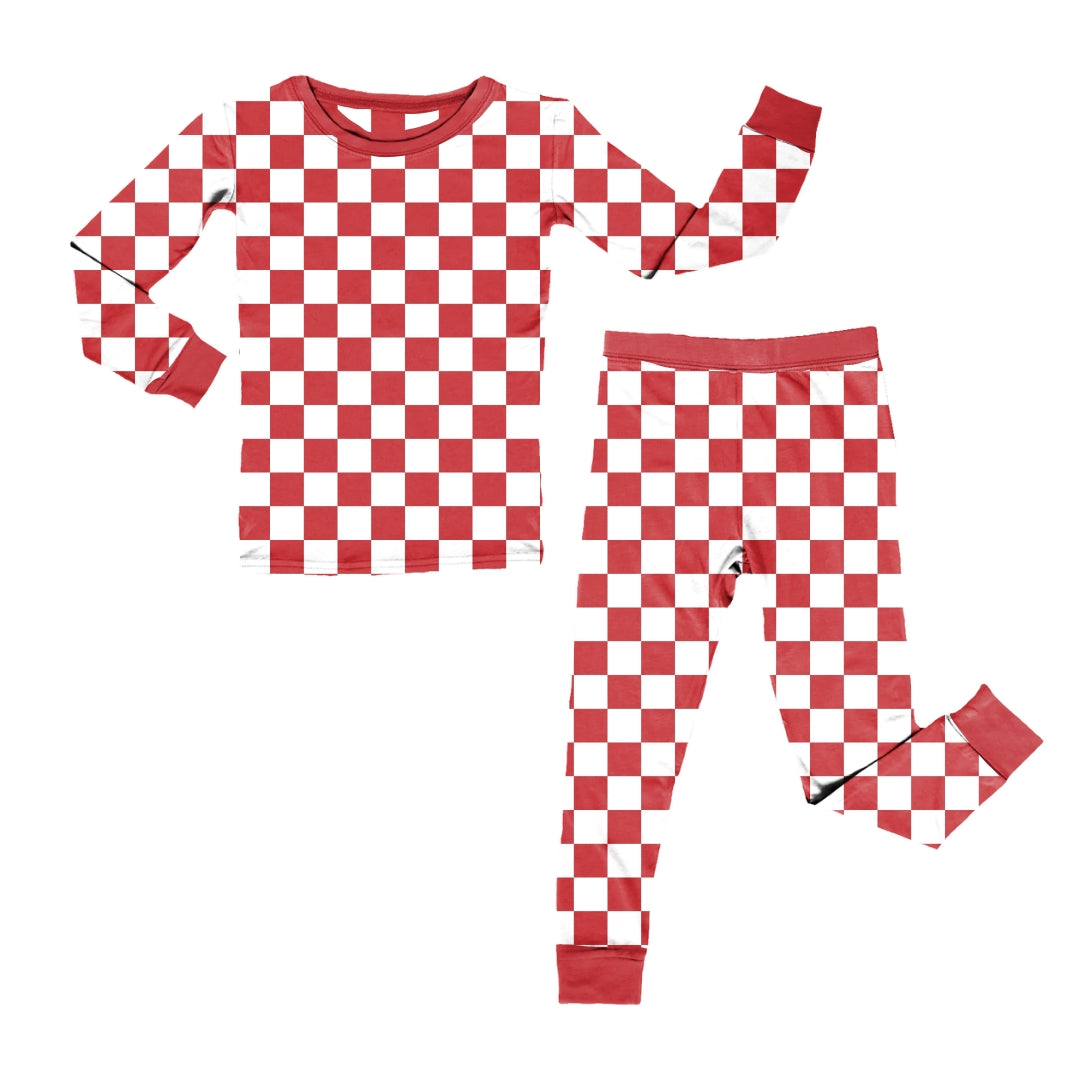 (Custom Design Preorder MOQ 20) Red Plaid Print Girls Bamboo Pajamas Clothes Set
