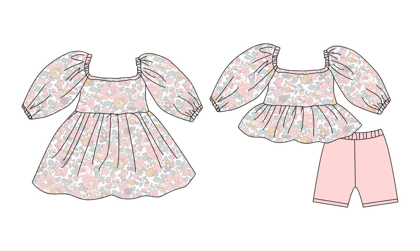12.8 (Custom Design Preorder MOQ 5 Each Design) Pink Flowers Print Girls Summer Matching Clothes Sisters Wear