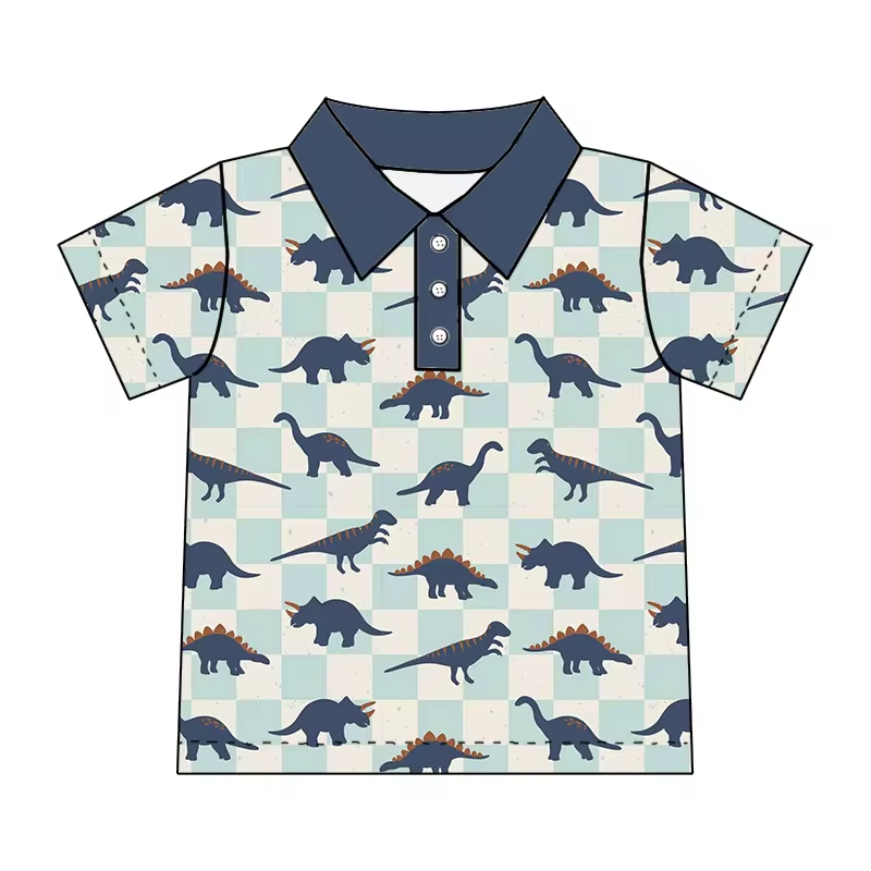 (Custom Design Preorder MOQ 5) Dino Print Boys Summer Polo Tee Shirts Top