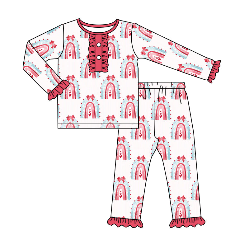 (Custom Design Preorder MOQ 5) Rainbow Heart Print Girls Valentine's Pajamas Clothes Set