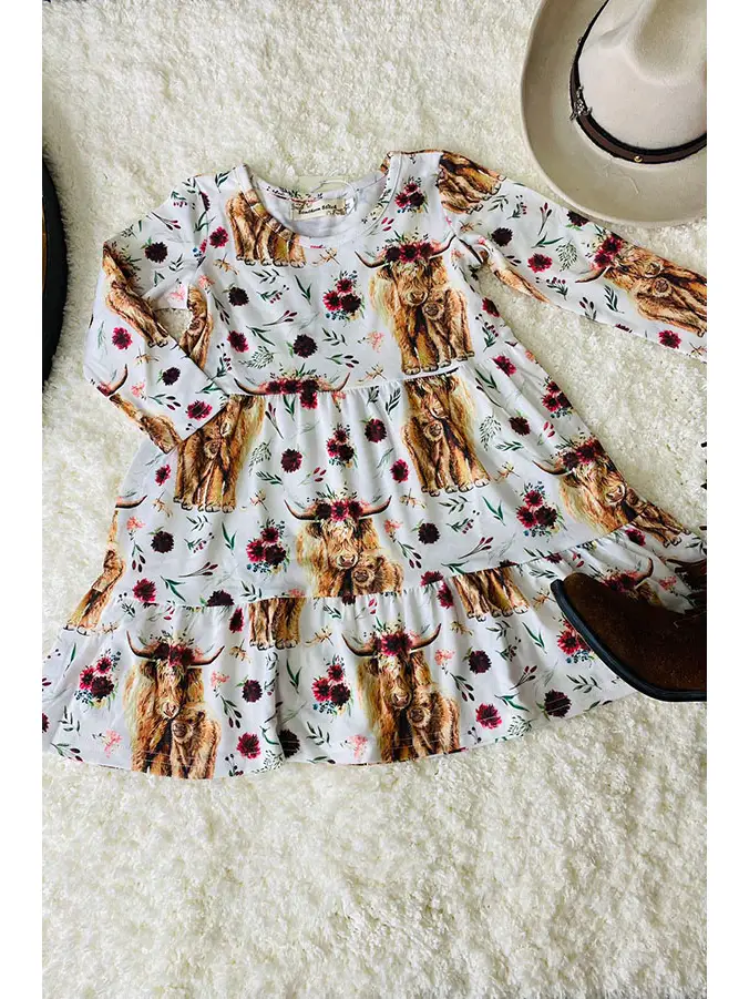(Custom Design Preorder MOQ 5 ) Highland Cow Flowers Print Girls Fall Knee Length Dress