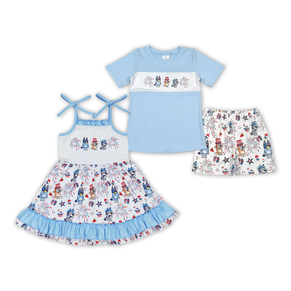 Cartoon Dog Fireworks Print Sibling 4th of July Matching Clothes