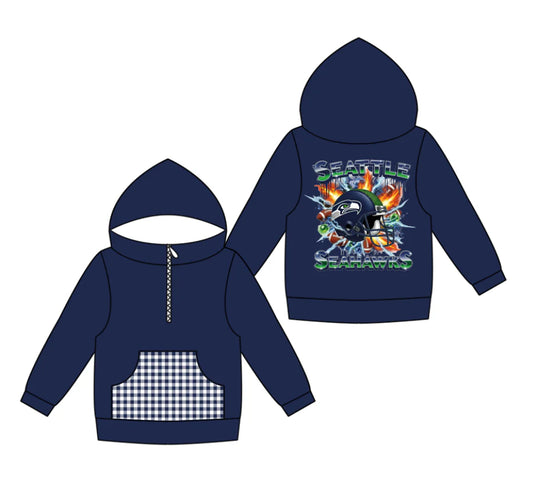(Custom Design Preorder MOQ 5) Team's Seattle Seahawks Print Pocket Kidss Long Sleeve Zipper Hoodie Top