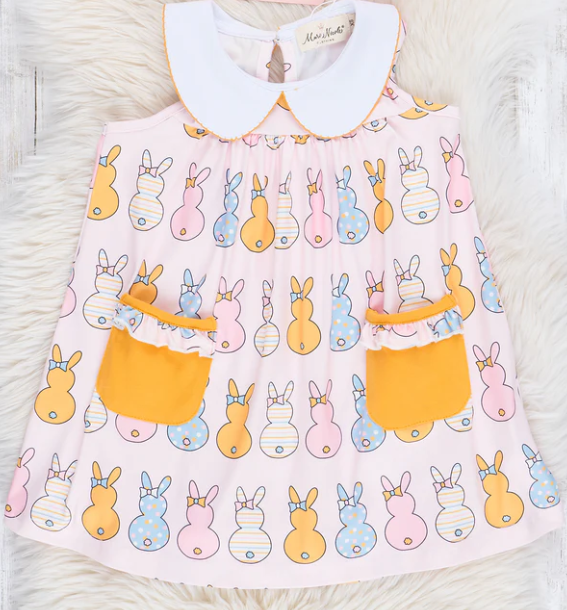 (Custom Design Preorder MOQ 5) Bunny Print Pockets Girls Easter Knee Length Dress
