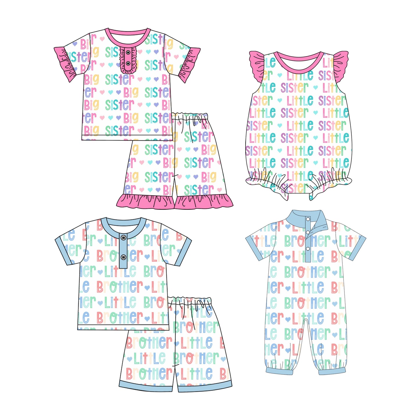 12.8 (Custom Design Preorder MOQ 5 Each Design) SISTER BROTHER Print Kids Summer Matching Clothes Sibling Wear