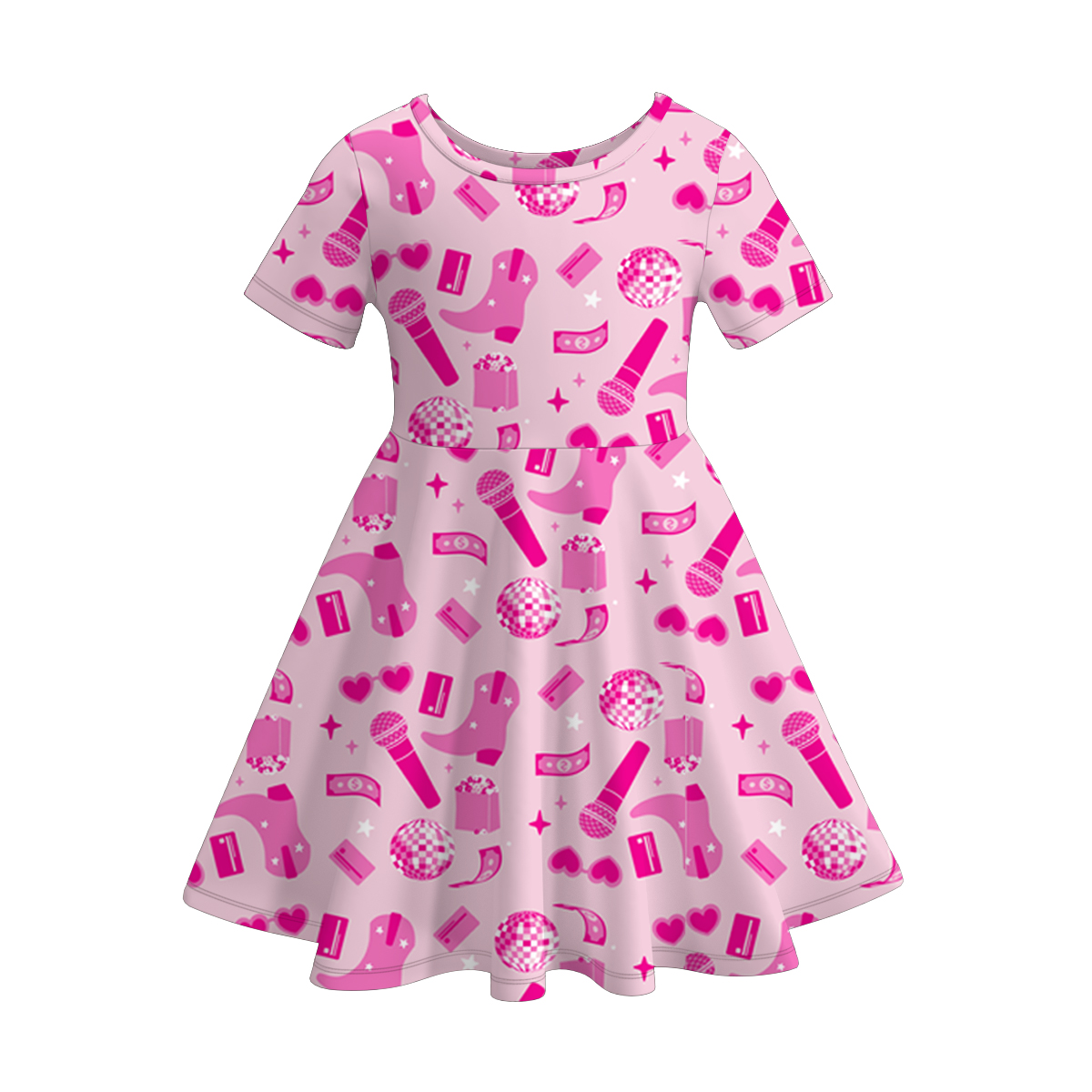 (Custom Design Preorder MOQ 5) Disco Boots Pink Print Girls Knee Length Summer Dress