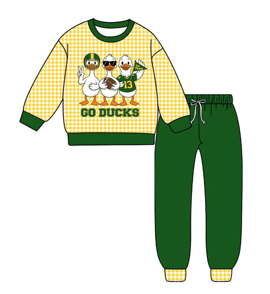 (Custom Design Preorder MOQ 5) Team's GO BUCKS Plaid Top Green Pants Kids Clothes Set