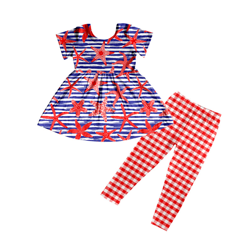 (Custom Design Preorder MOQ 5) Red Stars Print Tunic Top Red Plaid Legging Pants Girls 4th of July Clothes Set