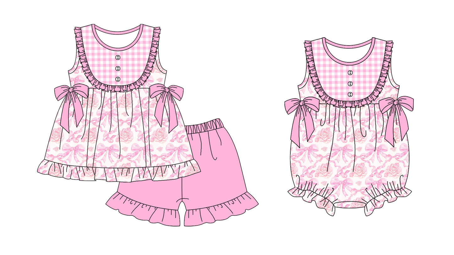 5.22(Custom Design Preorder MOQ 5 Each Design) Flowers Bows Pink Print Girls Summer Matching Clothes Sisters Wear