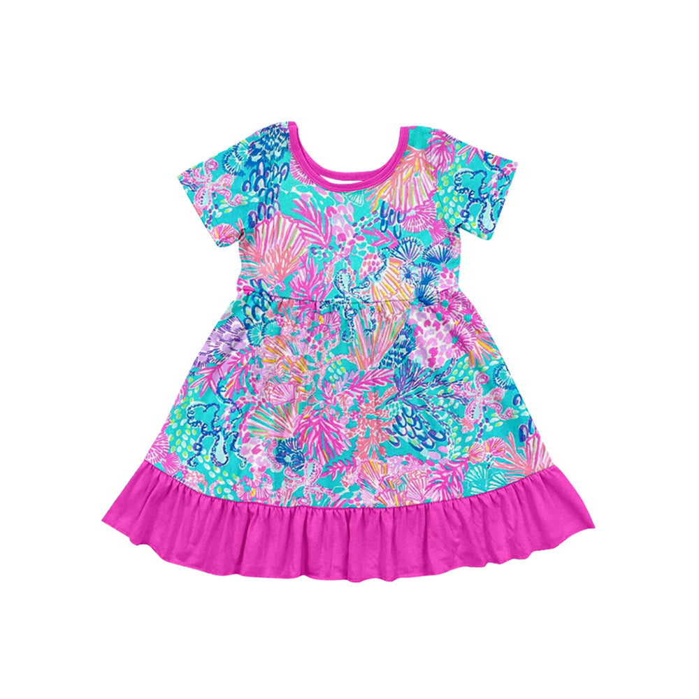 12.10(Custom Design Preorder MOQ 5) Seaweed Pink Print Girls Summer Knee Length Dress