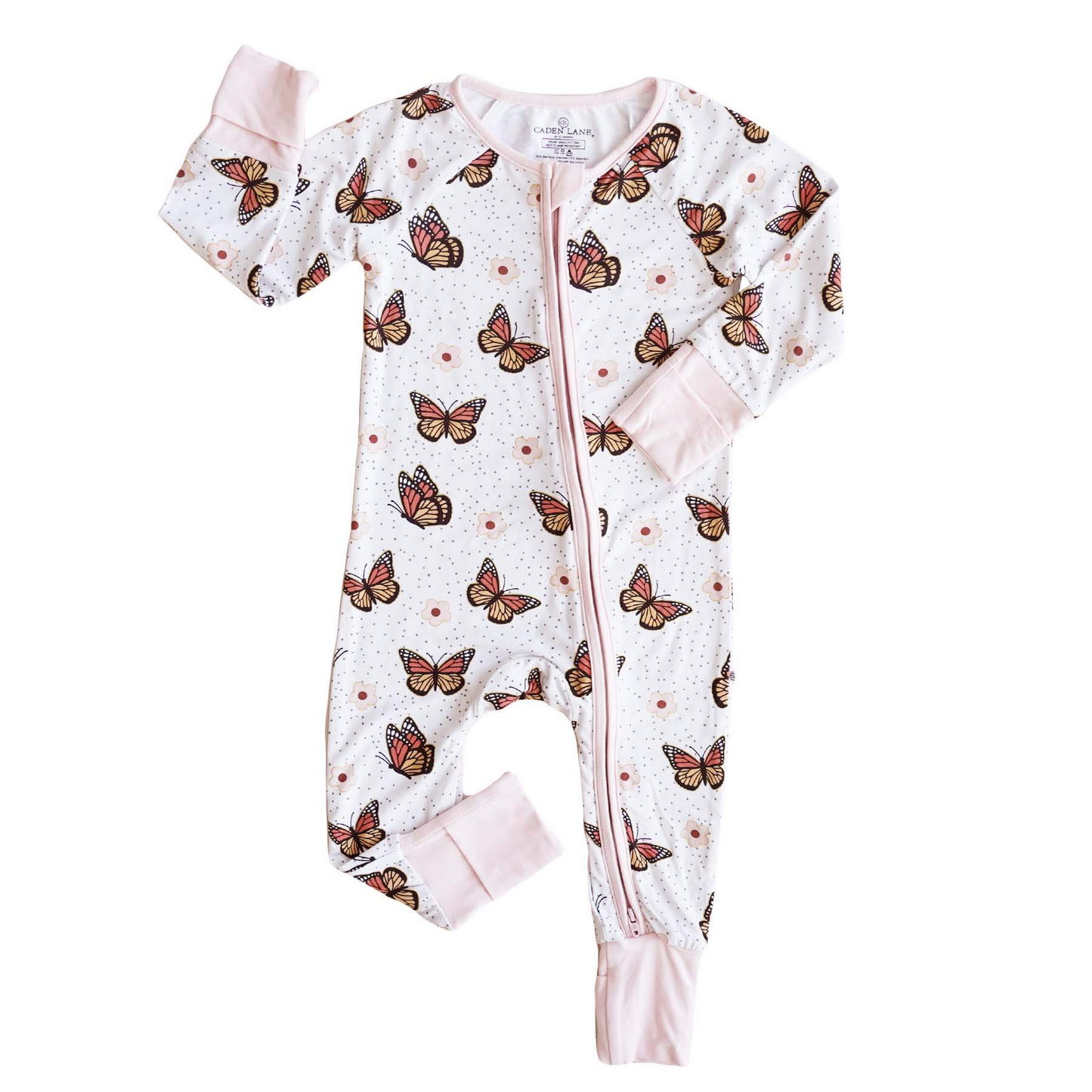 (Custom Design Preorder MOQ 20) Butterfly Pink Flowers Print Baby Girls Bamboo Fall Sleeper Zipper Romper