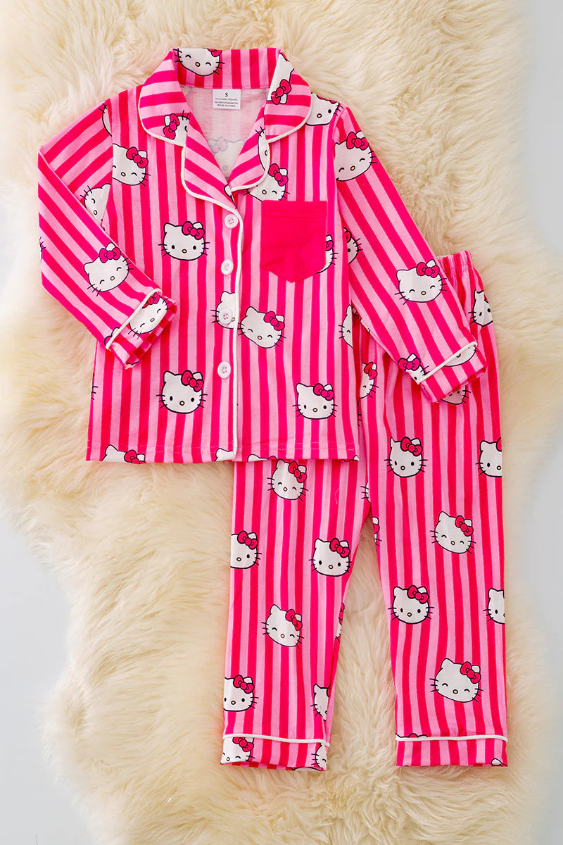 (Custom Design Preorder MOQ 5) Cartoon Cats Hotpink Stripes Print Girls Fall Buttons Pajamas Clothes Set