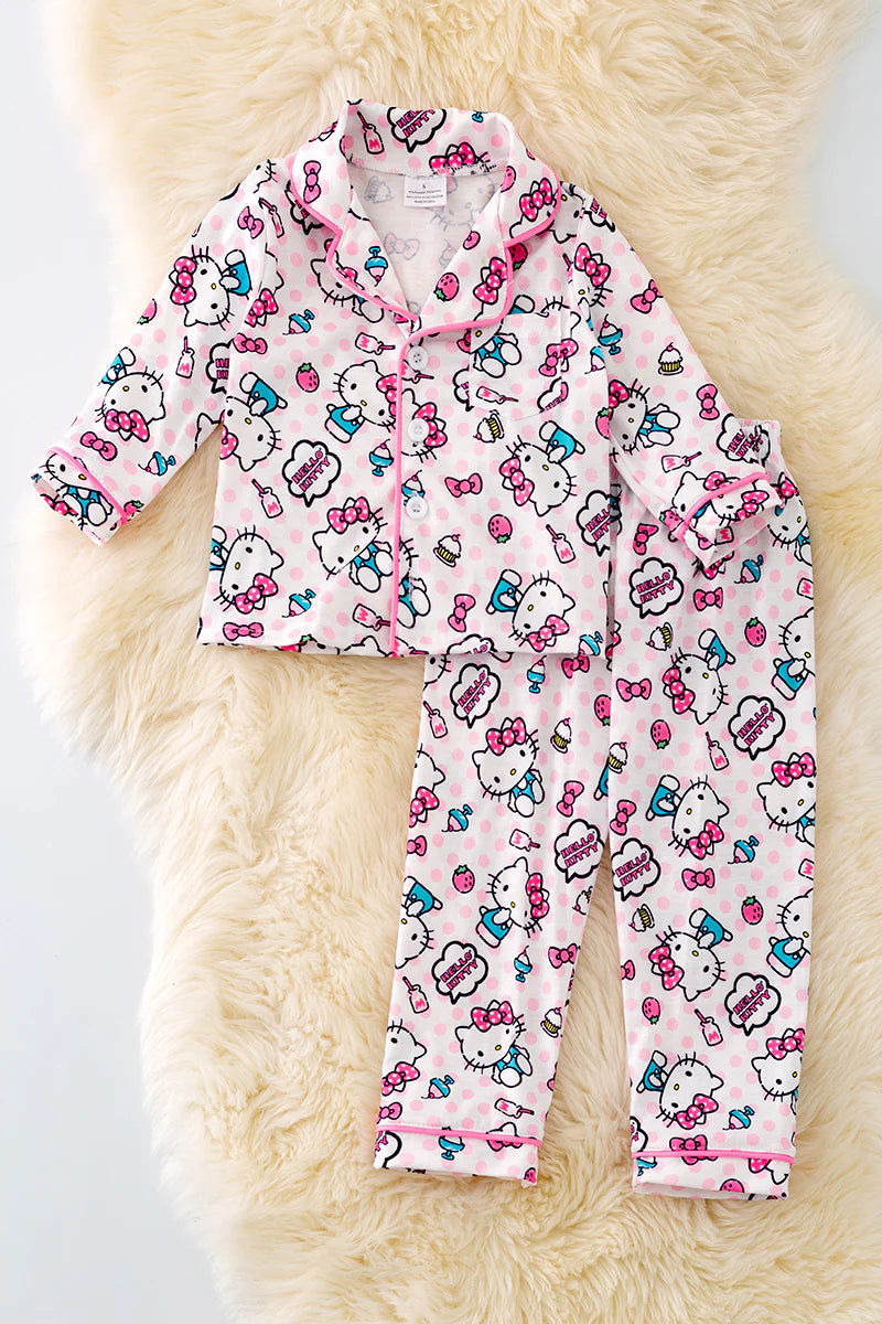 (Custom Design Preorder MOQ 5) Cartoon Cats Pink Print Girls Fall Buttons Pajamas Clothes Set