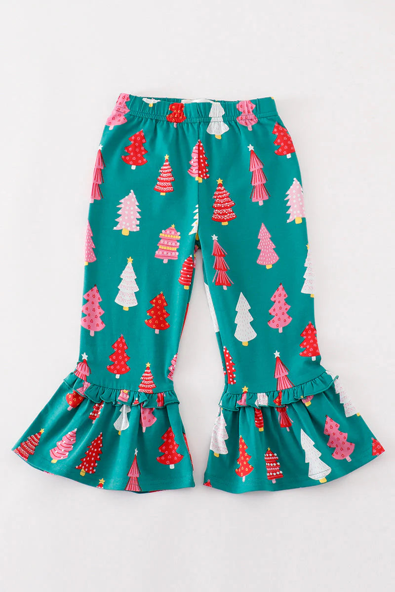 (Custom Design Preorder MOQ 5) Trees Green Print Girls Christmas Bell Bottom Pants