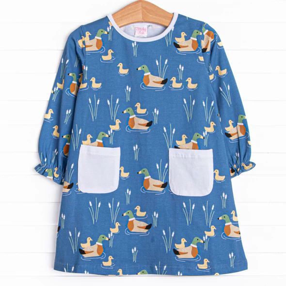 (Custom Design Preorder MOQ 5) Blue Duck Print Girls Knee Length Fall Dress