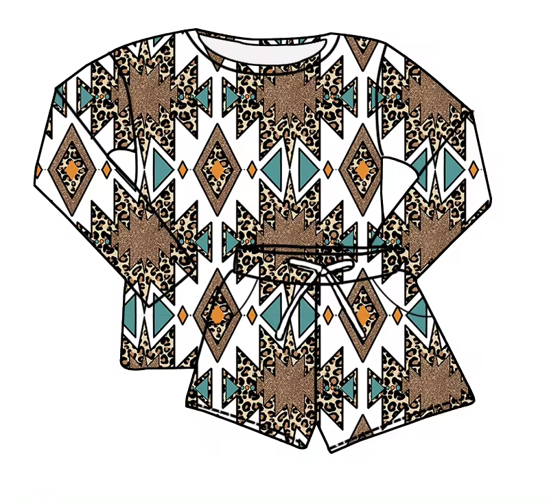 (Custom Design Preorder MOQ 5) White Aztec Leopard Long Sleeve Top Shorts Girls Western Clothes Set