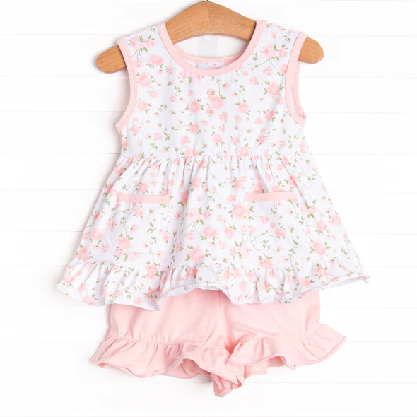 (Custom Design Preorder MOQ 5) Pink Flowers Print Girls Summer Clothes Set