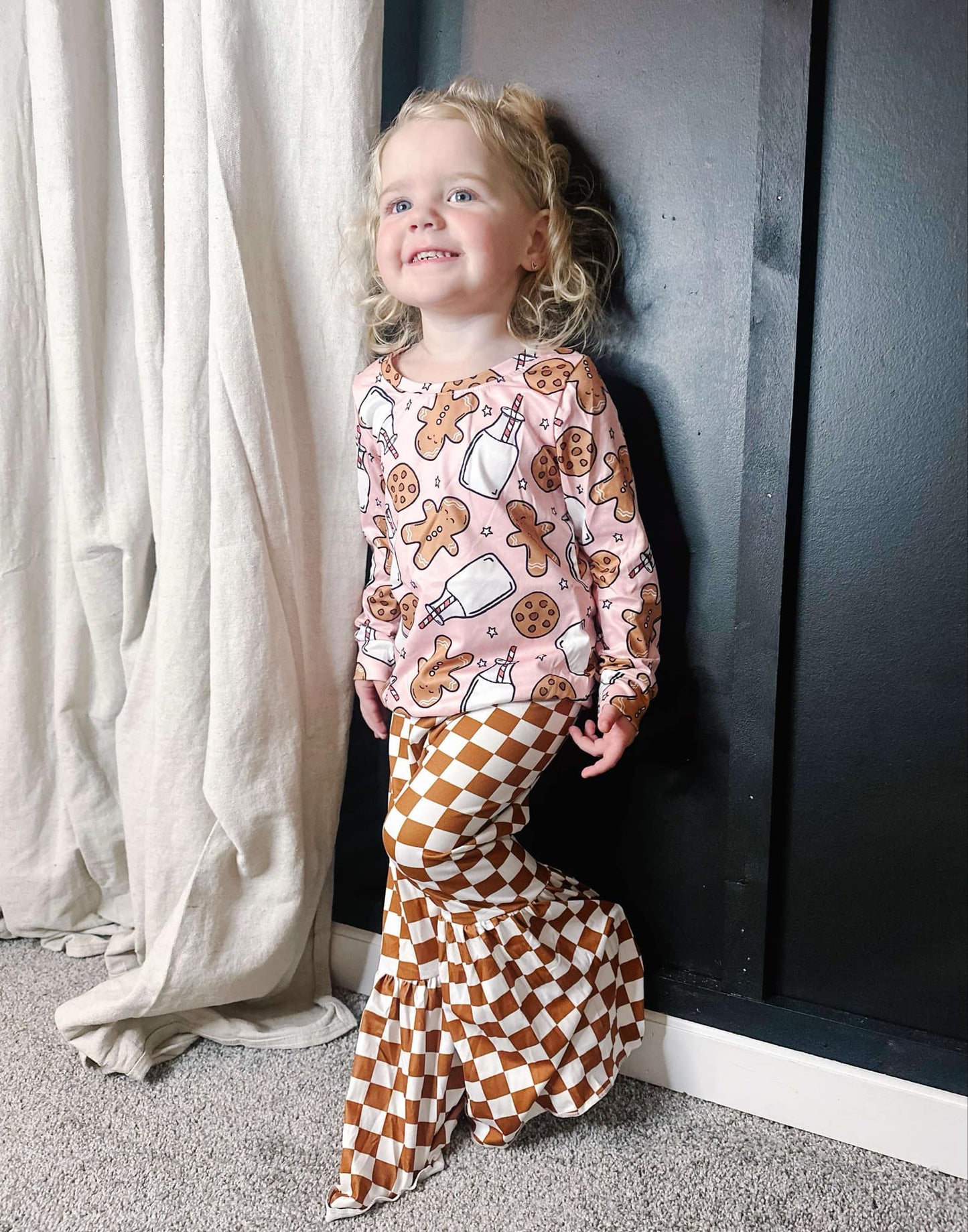 GLP0554 Girls Gingerbread top Plaid bell pants Christmas clothes set
