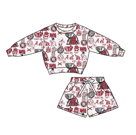 (Custom Design Preorder MOQ 5) Go Team Cheer Alabama Bows Long Sleeve Top Pockets Shorts Girls Clothes Set