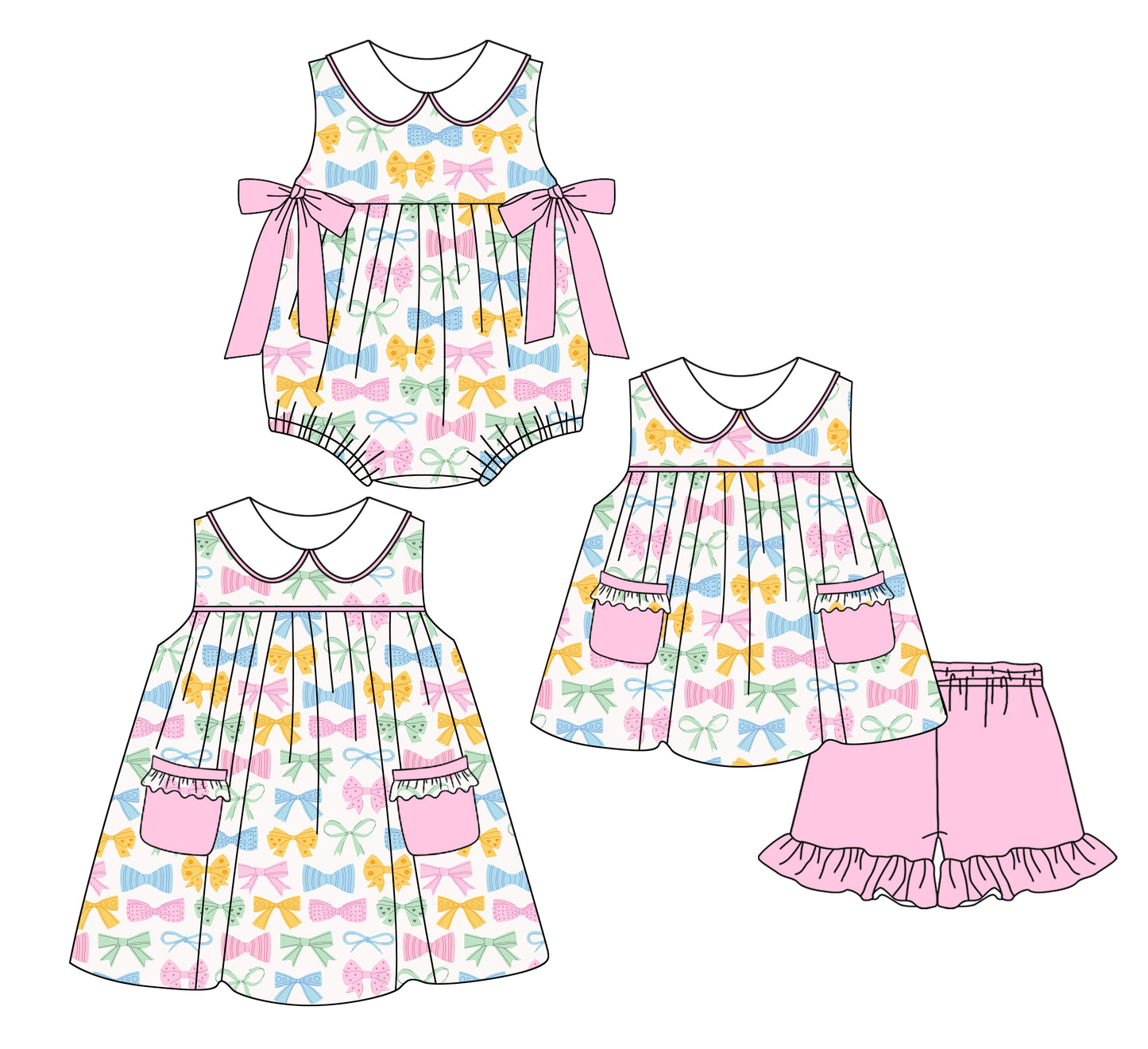 3.6(Custom Design Preorder MOQ 5 Each Design) Colorful Bows Print Girls Summer Matching Clothes Sisters Wear