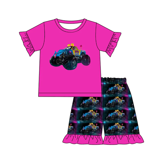 (Custom Design Preorder MOQ 5) Monster Trucks Pink Top Shorts Girls Summer Clothes Set