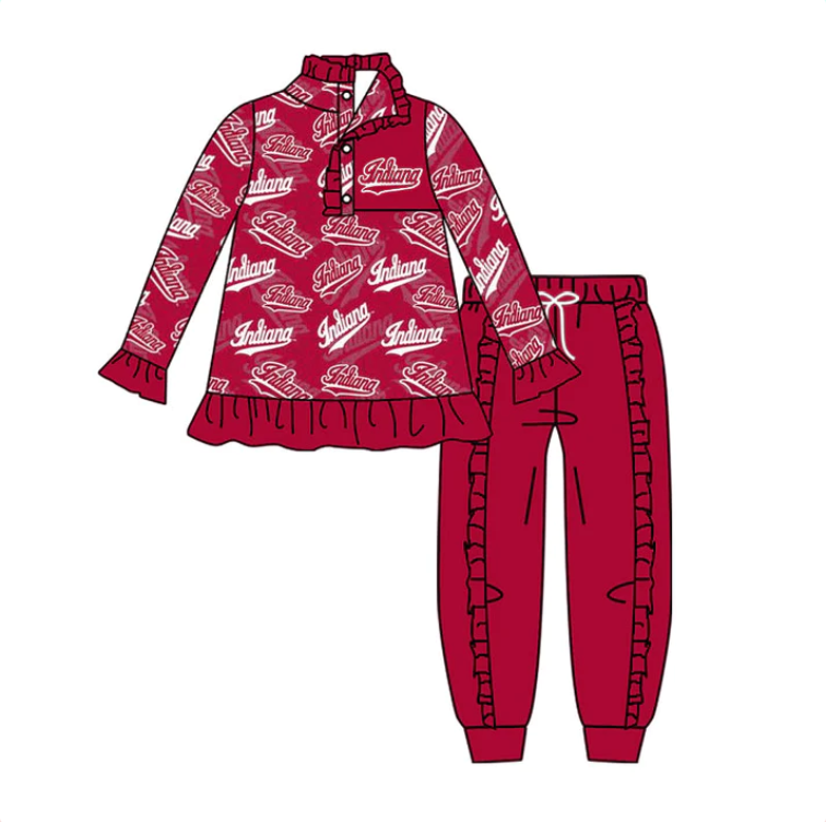 (Custom Design Preorder MOQ 5) Team's INDIANS Red Pullover Top Ruffle Pants Girls Fall Clothes Set