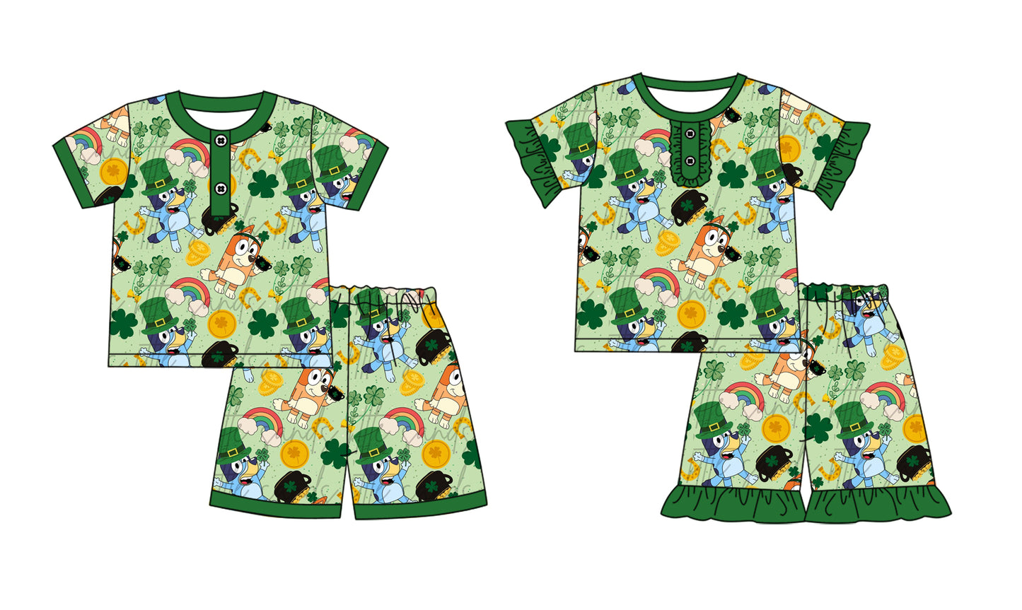 11.7(Custom Design Preorder MOQ 5 Each Design) Cartoon Dog Leef Rainbow Print Kids St. Patrick's Day Matching Pajamas Clothes Set Sibling Wear