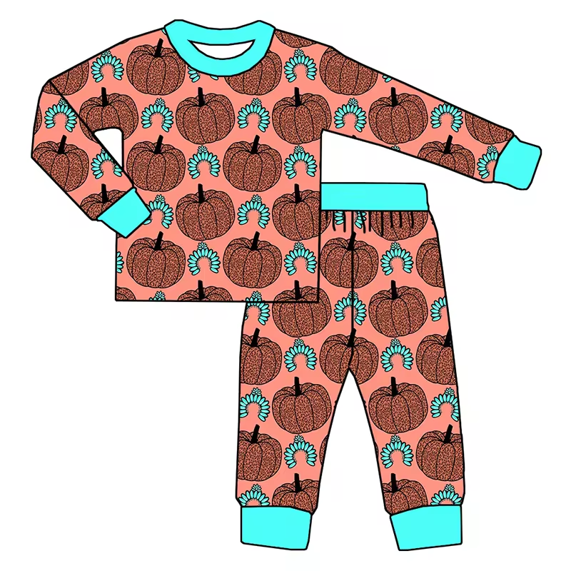 (Custom Design Preorder MOQ 5) Pumpkin Turquoise Print Girls Fall Pajamas Western Clothes Set