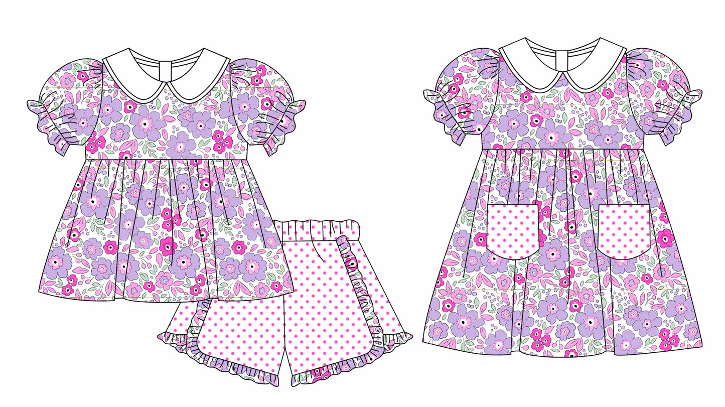 11.4(Custom Design Preorder MOQ 5 Each Design) Purple Flowers Print Girls Summer Matching Clothes Set Sisters Wear