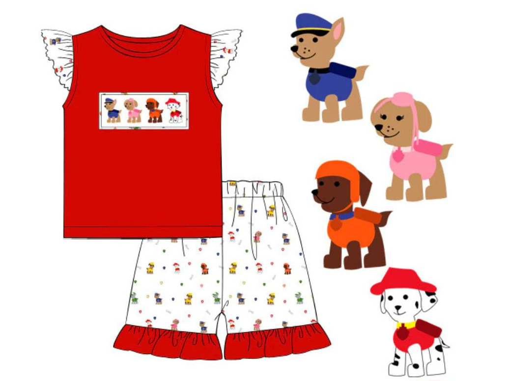 (Custom Design Preorder MOQ 5) Cartoon Dog Print Girls Summer Clothes Set