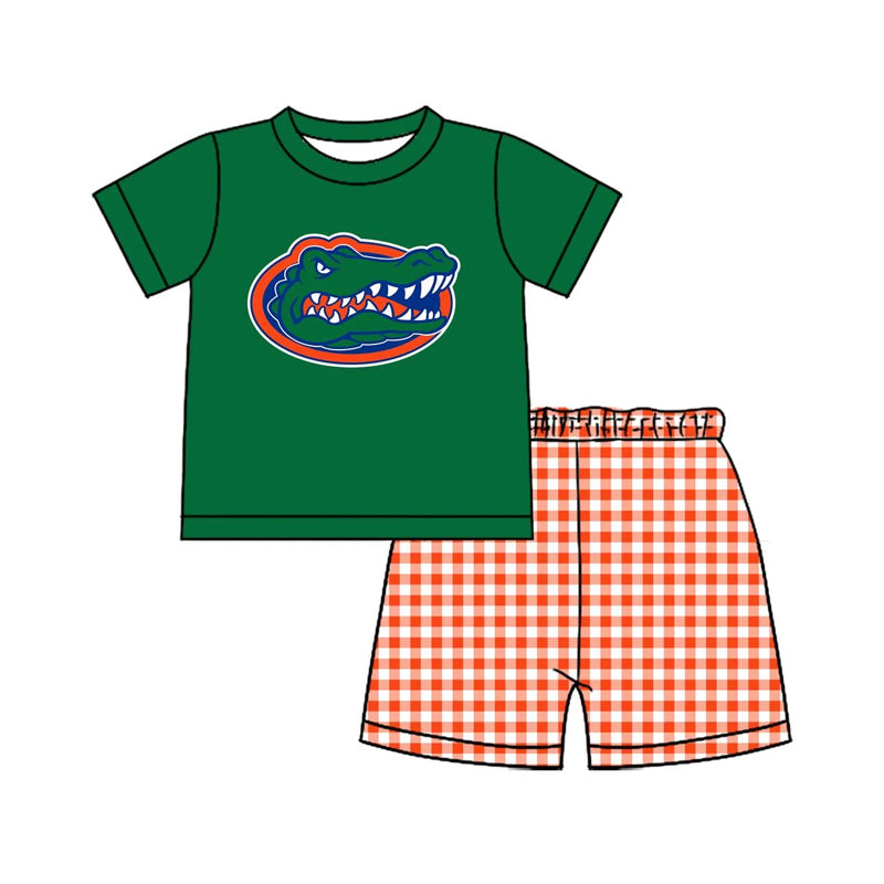 (Custom Design Preorder MOQ 5 ) Team's Florida Green Top Plaid Shorts Boys Summer Clothes Set