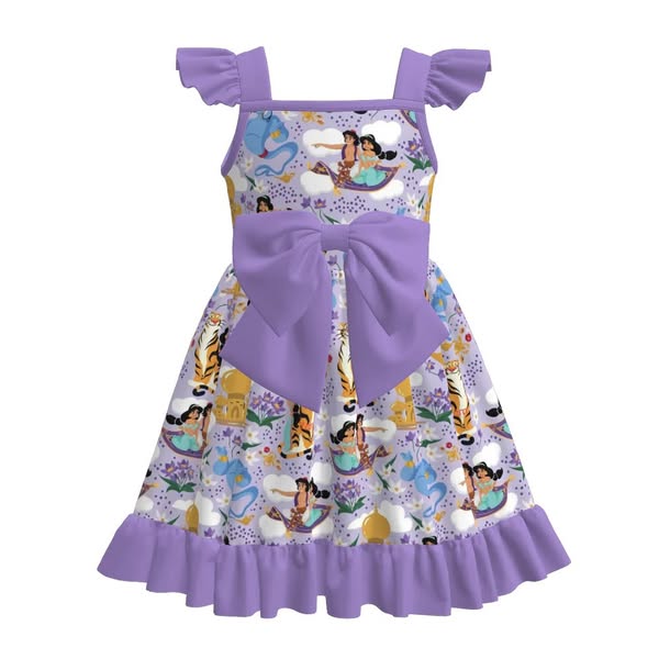 (Custom Design Preorder MOQ 5) Cartoon Princess Purple Print Girls Summer Knee Length Dress