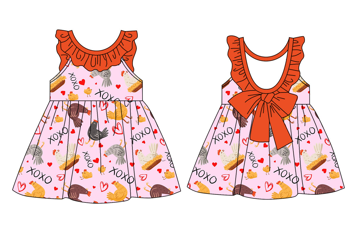 (Custom Design Preorder MOQ 5) Chicken Heart XOXO Print Girls Valentine's Knee Length Dress