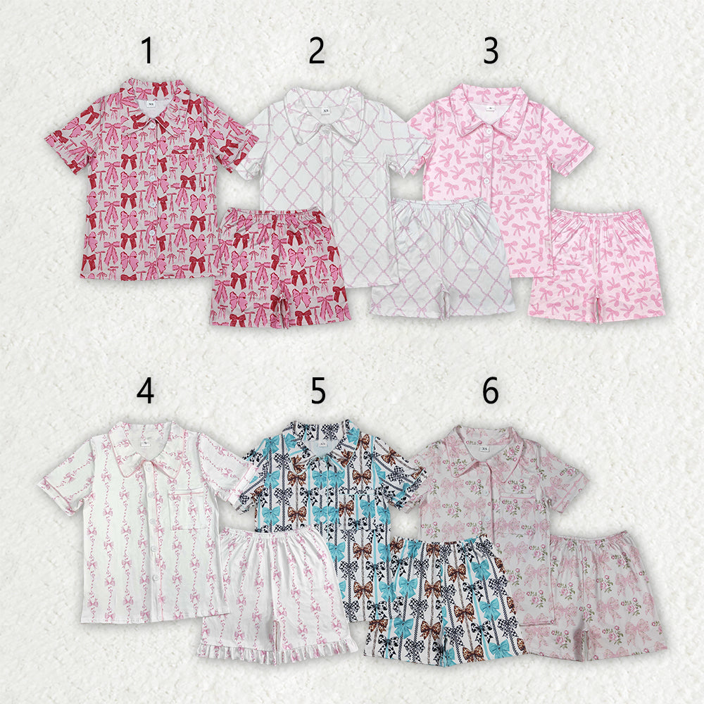 6 Colors Bows Print Adult Summer Buttons Pajamas Clothes Set