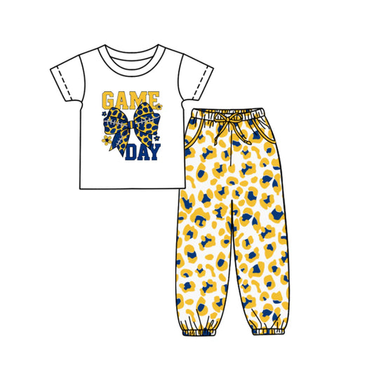 (Custom Design Preorder MOQ 5) Game Day Bow Top Yellow Leopard Joggers Pants Girls Clothes Set