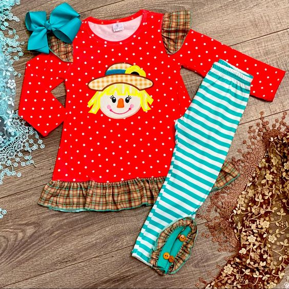 (Custom Design Preorder MOQ 5) Scarecrow Top Stripes Pants Girls Fall Clothes Set